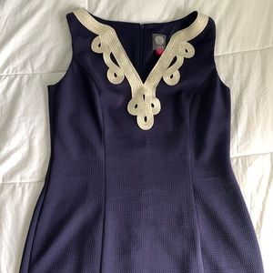 Navy Sleeveless Dress with Gold Trim